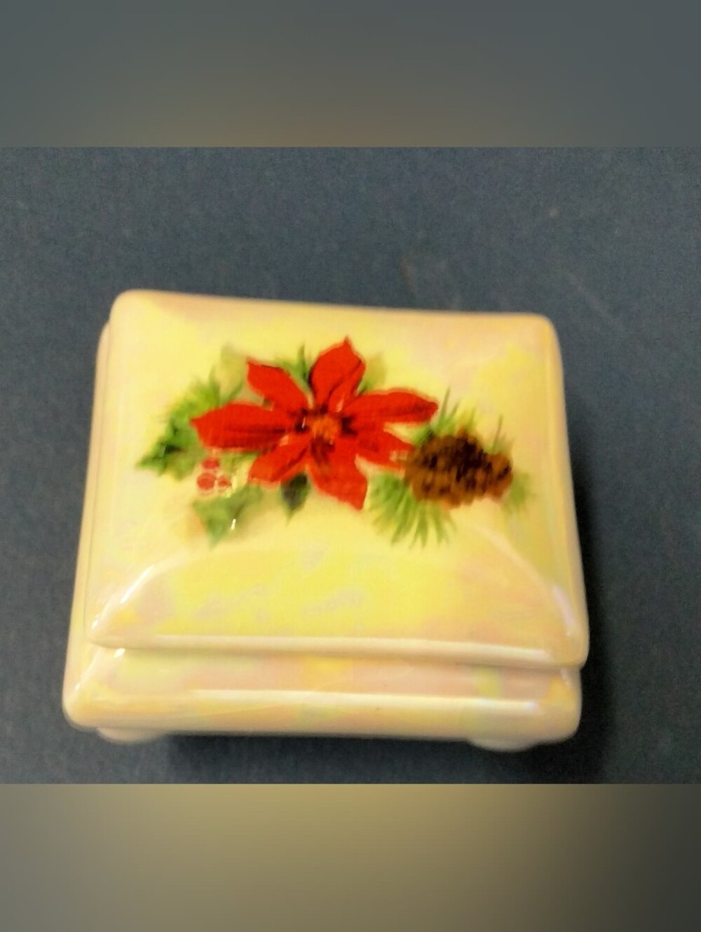Hand-Painted Ceramic Trinket Box with Red Poinsettia